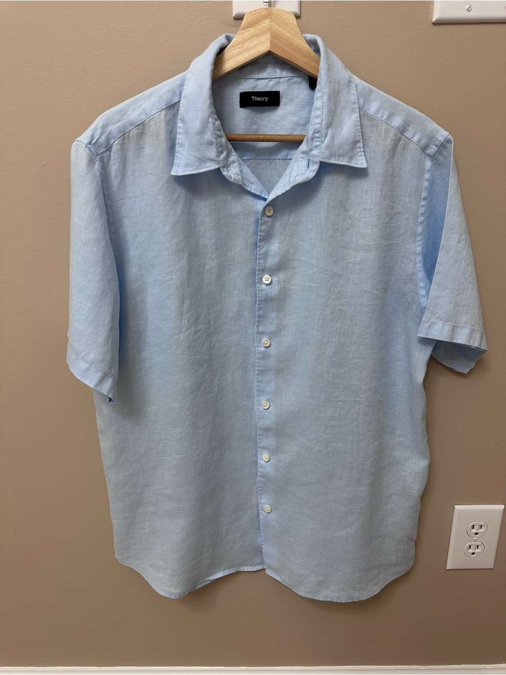Theory Women’s 100% Linen Short Sleeve Button Down Shirt Light Blue Size L
